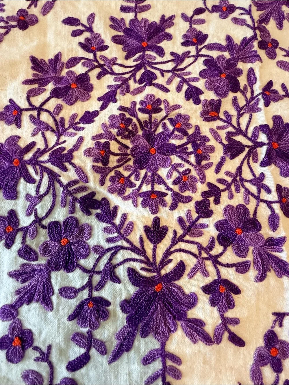 Embroidered Cream Table Linen with Violet Floral Design